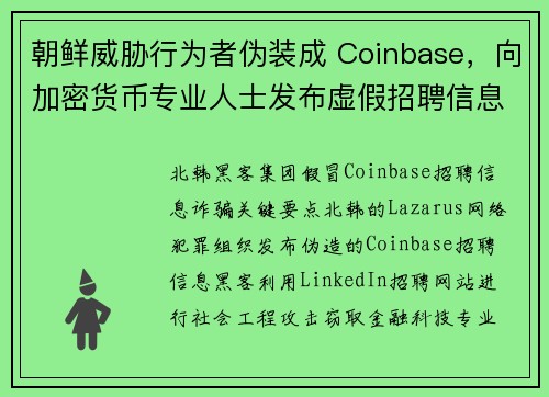朝鲜威胁行为者伪装成 Coinbase，向加密货币专业人士发布虚假招聘信息 